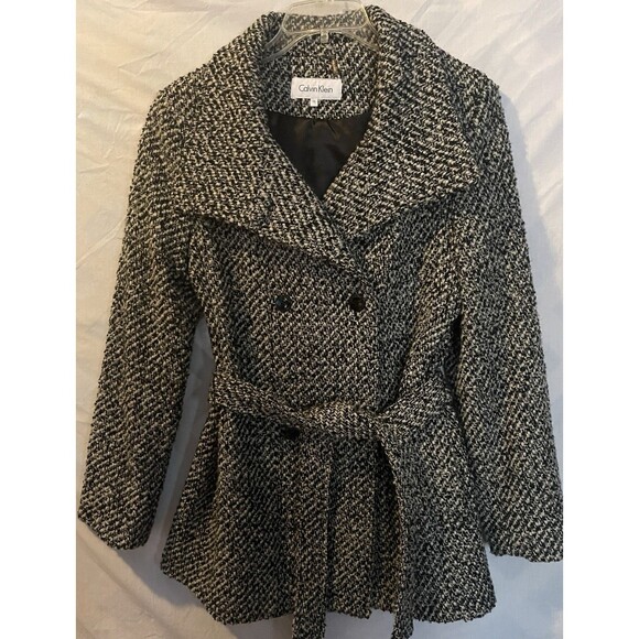 CALVIN KLEIN Black & White Boucle Wool Blend Double Breasted Belted Coat 12 - Picture 1 of 9
